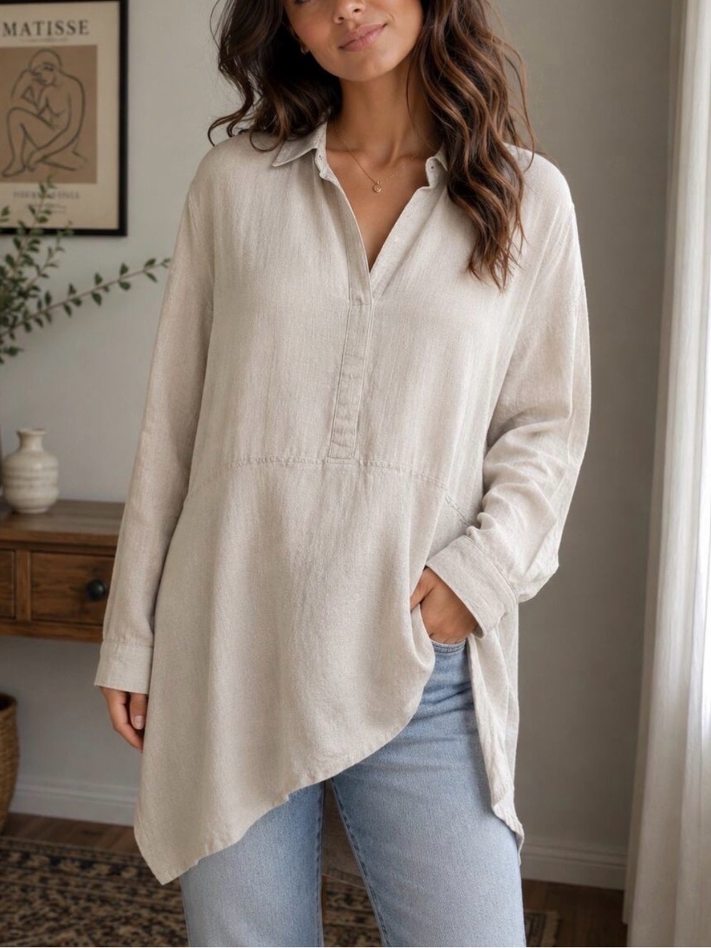 NEW J.Jill 100% Linen Tunic Shirt
Size S Tan Asymmetrical Hem SMALL